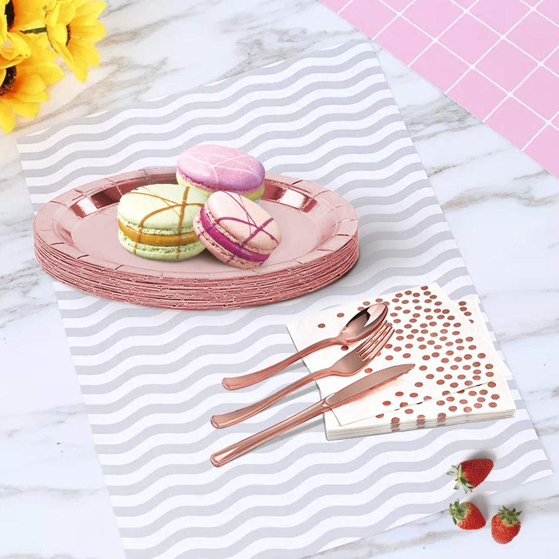 Rose Gold Birthday Party Favors for Women Rose Gold Plates and Napkins Party Supplies,Disposable Paper Plates and Cups Set for First Day