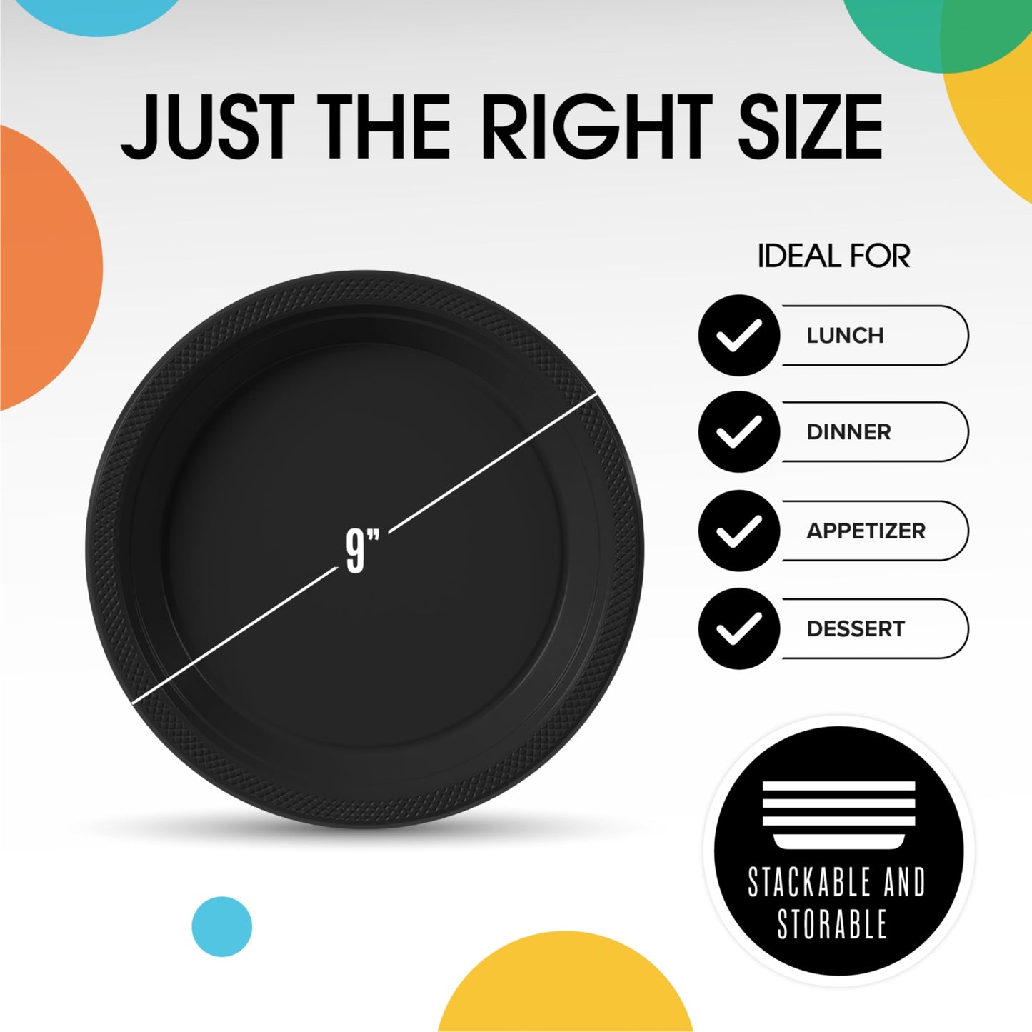 Exquisite Party Solids Black Plastic Plates For Party 9" Black Disposable Plates 50 Pcs Plastic Dinnerware Sets Heavy Duty 350 GSM Disposable