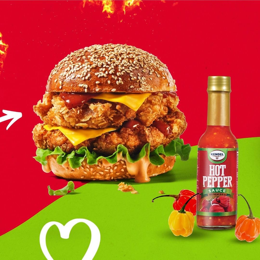 Kendel Jamaican Hot Pepper Sauce - Authentic Hot Sauce for Jerk Chicken, Marinades & Table Seasoning - Vegan, No Sugar Added, Low Sodium - 142ml