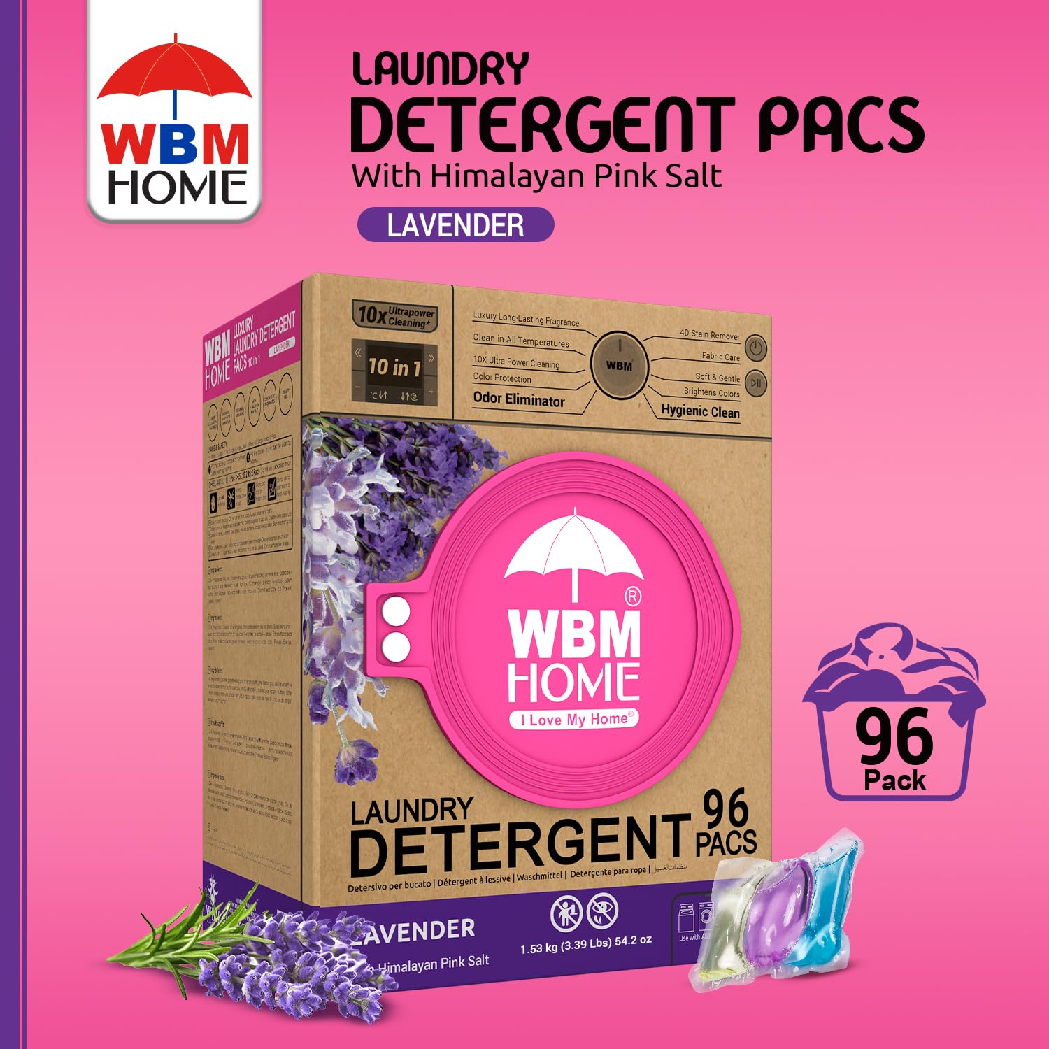 WBM 10-in-1 Laundry Pods with Softener & Scent Booster, 96 Count, High Efficiency (HE), Fabric Softener, Lavender Extracts, Stain Lifter