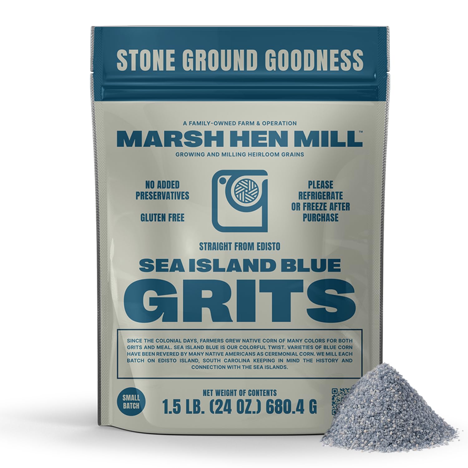 Marsh Hen Mill Sea Island Blue Grits, Stone Ground, Gluten-Free Old Fashioned, Southern Heirloom Corn with Hearty, Fruity, Nutty Flavor, 100% Natural