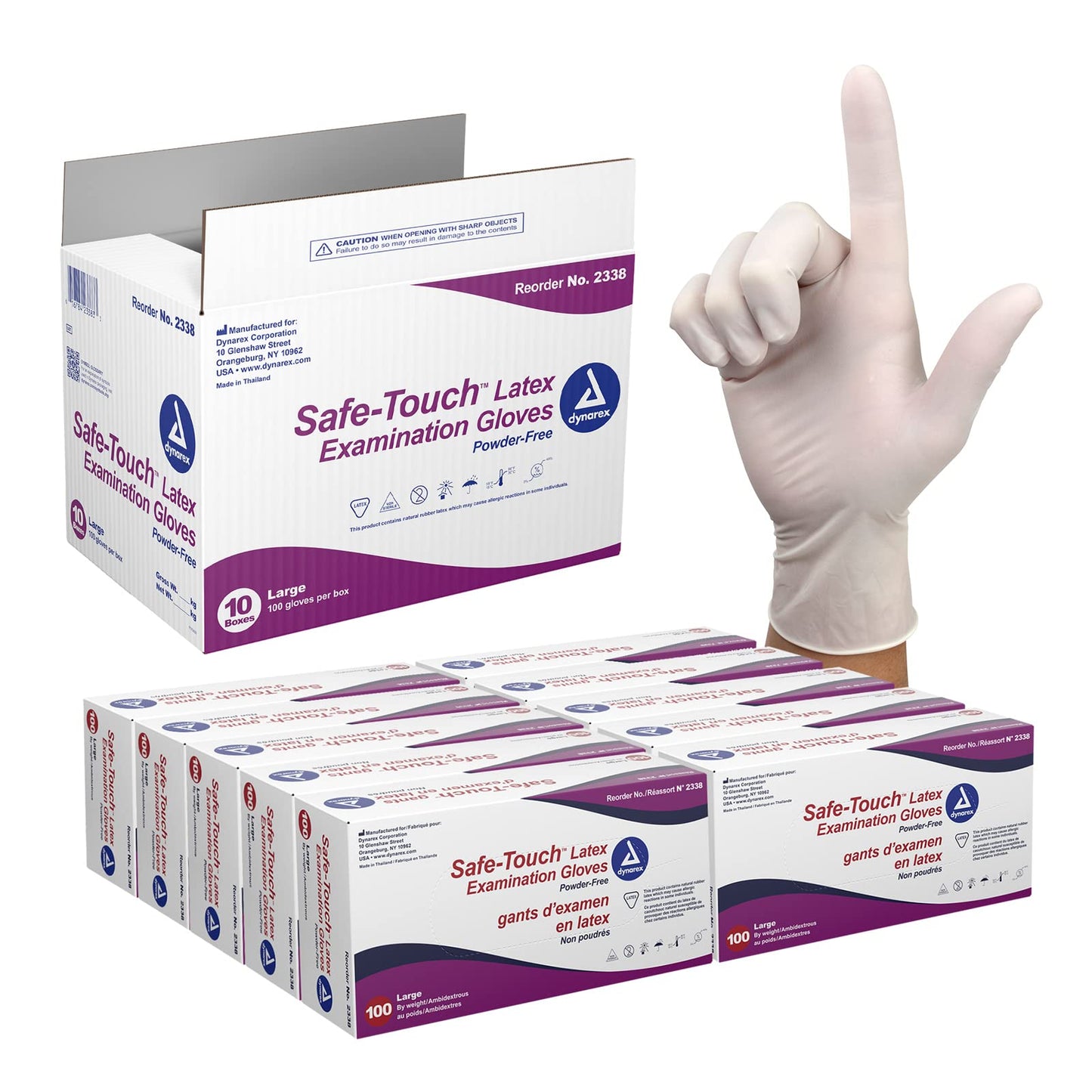 Dynarex Safe-Touch Disposable Latex Exam Gloves, Powder-Free, for Healthcare & Professional Settings, Bisque, 1 Case, 10 Boxes of 100 Gloves (Large)