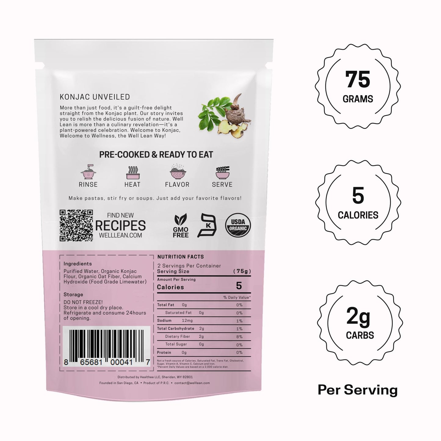 Well Lean Organic Fettuccine, Premium Shirataki Konjac Pasta, USDA Organic, 100% Plant Based, Keto Friendly, Zero Net Carb, Non-GMO, Ready to Eat, Low