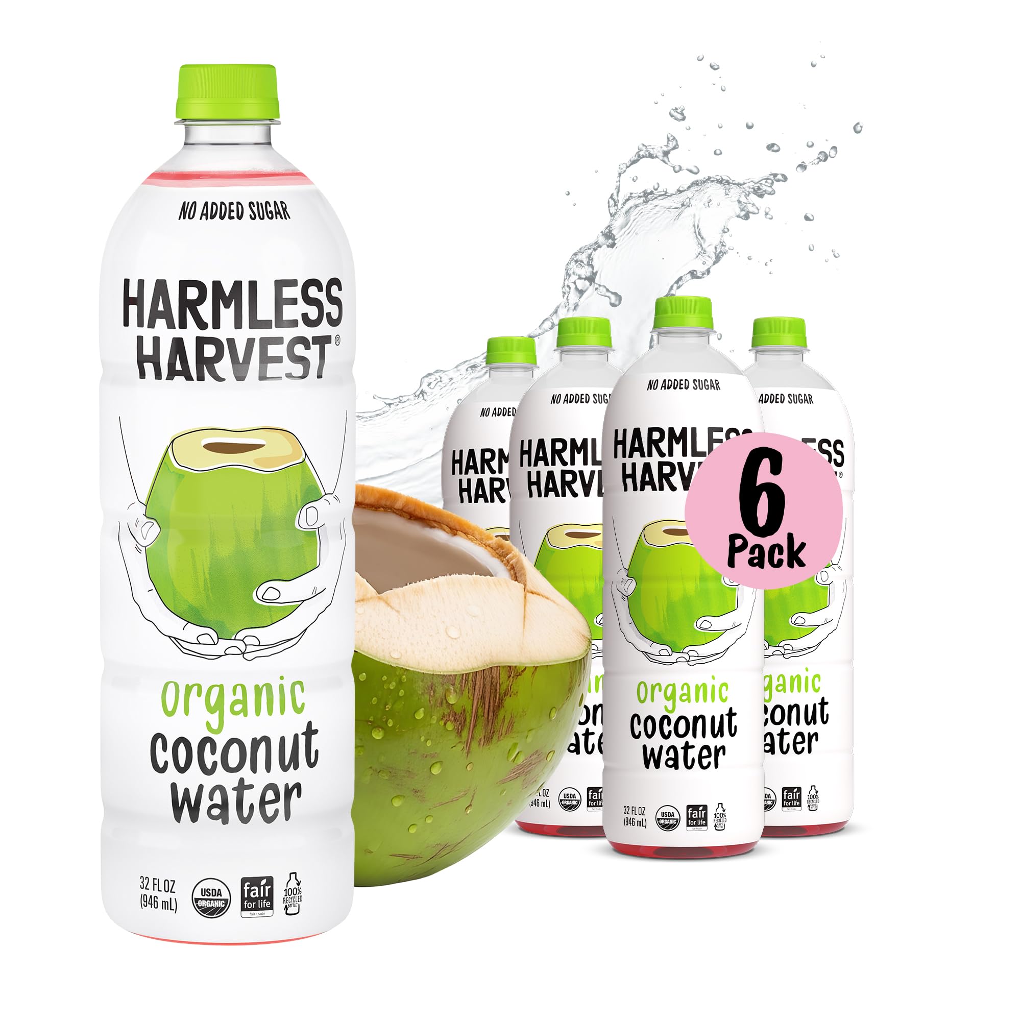 Harmless Harvest Coconut Water Organic Drink 32 Fl Oz, 6 Pack - Natural Electrolyte Hydration, No Sugar Added, No Artificial Ingredients, Original