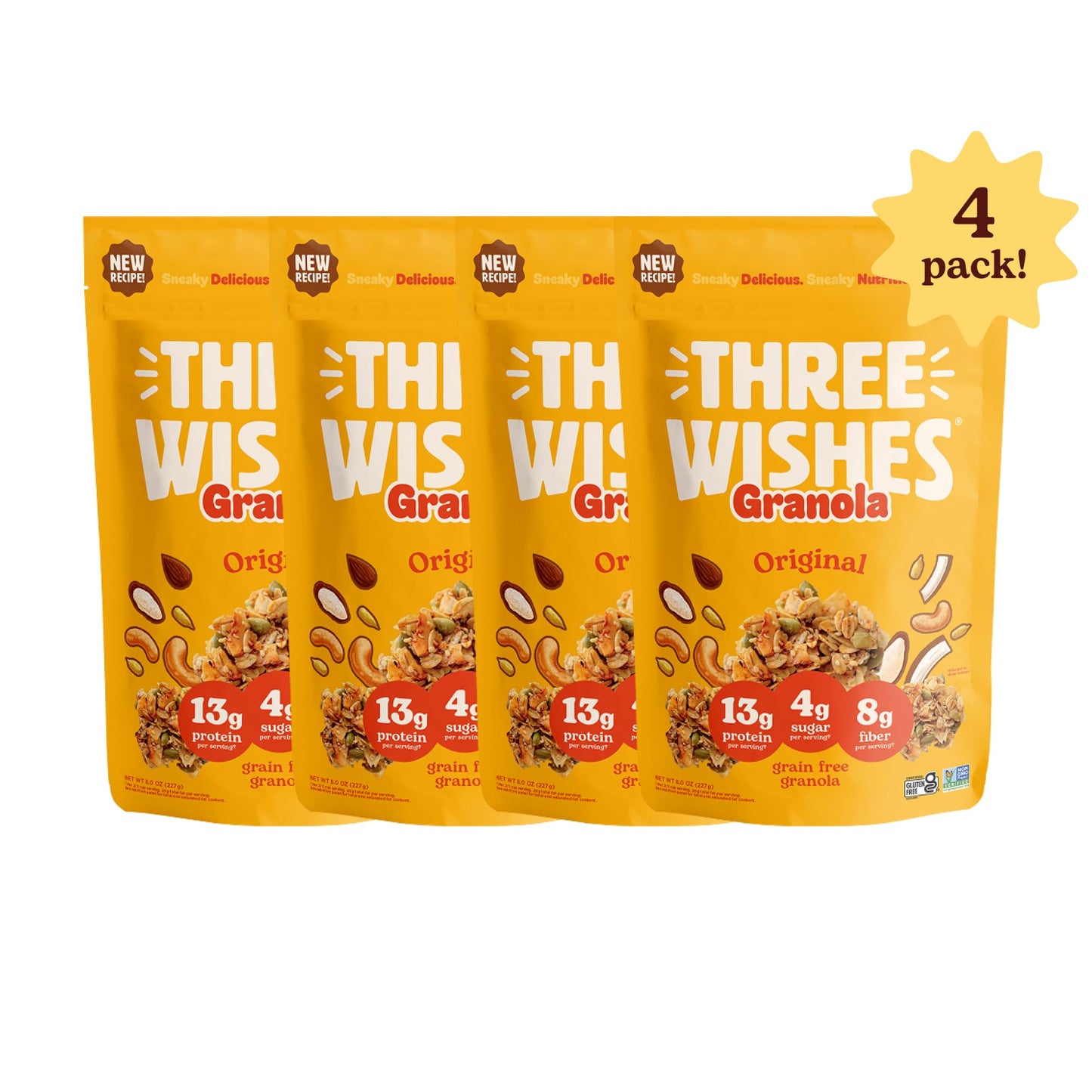 Three Wishes Granola, Original (4-Pack) - Gluten Free Granola, 13g Protein & 4g Sugar Healthy Breakfast & On-the-Go Snack - Vegan, Kosher & Grain-Free
