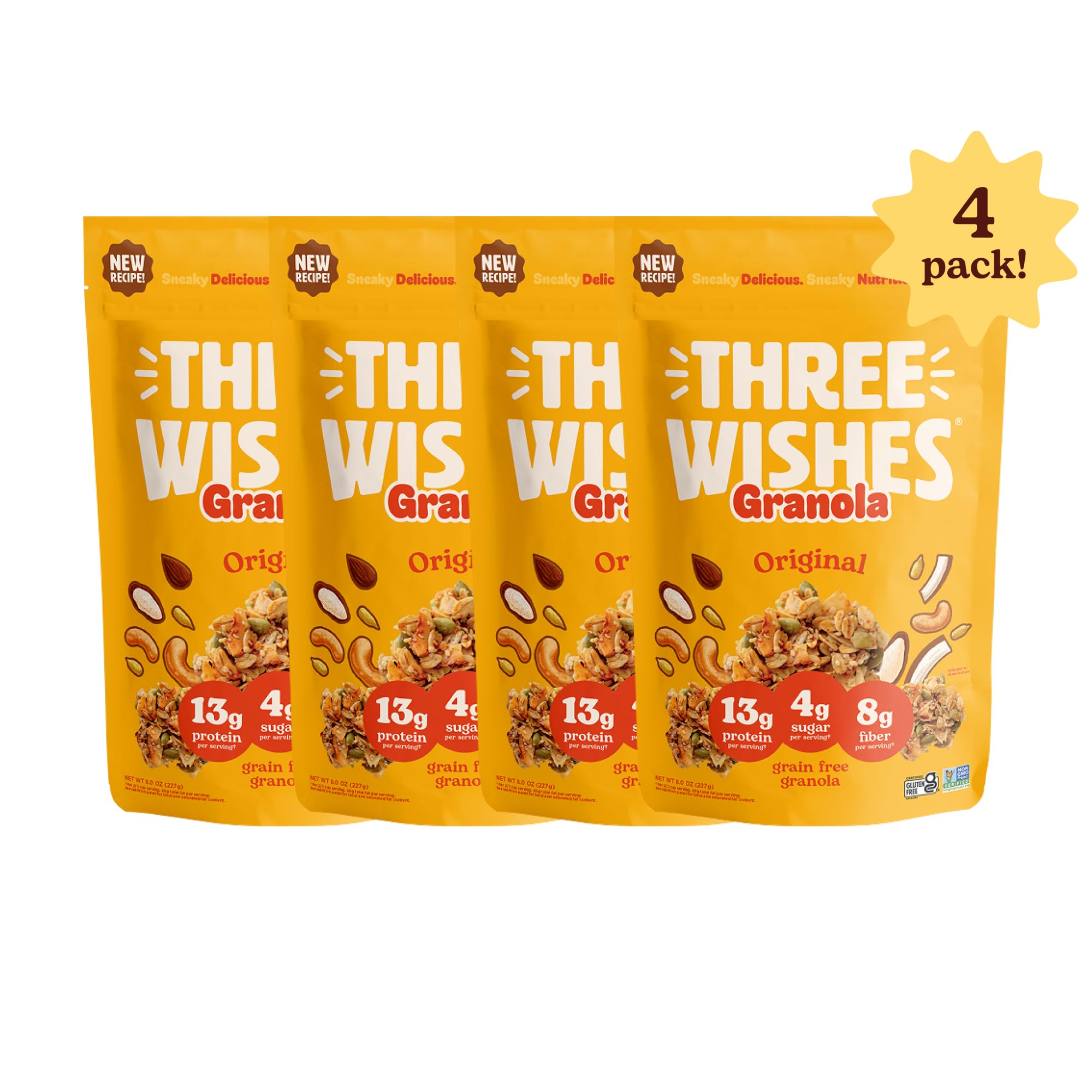 Three Wishes Granola, Original (4-Pack) - Gluten Free Granola, 13g Protein & 4g Sugar Healthy Breakfast & On-the-Go Snack - Vegan, Kosher & Grain-Free
