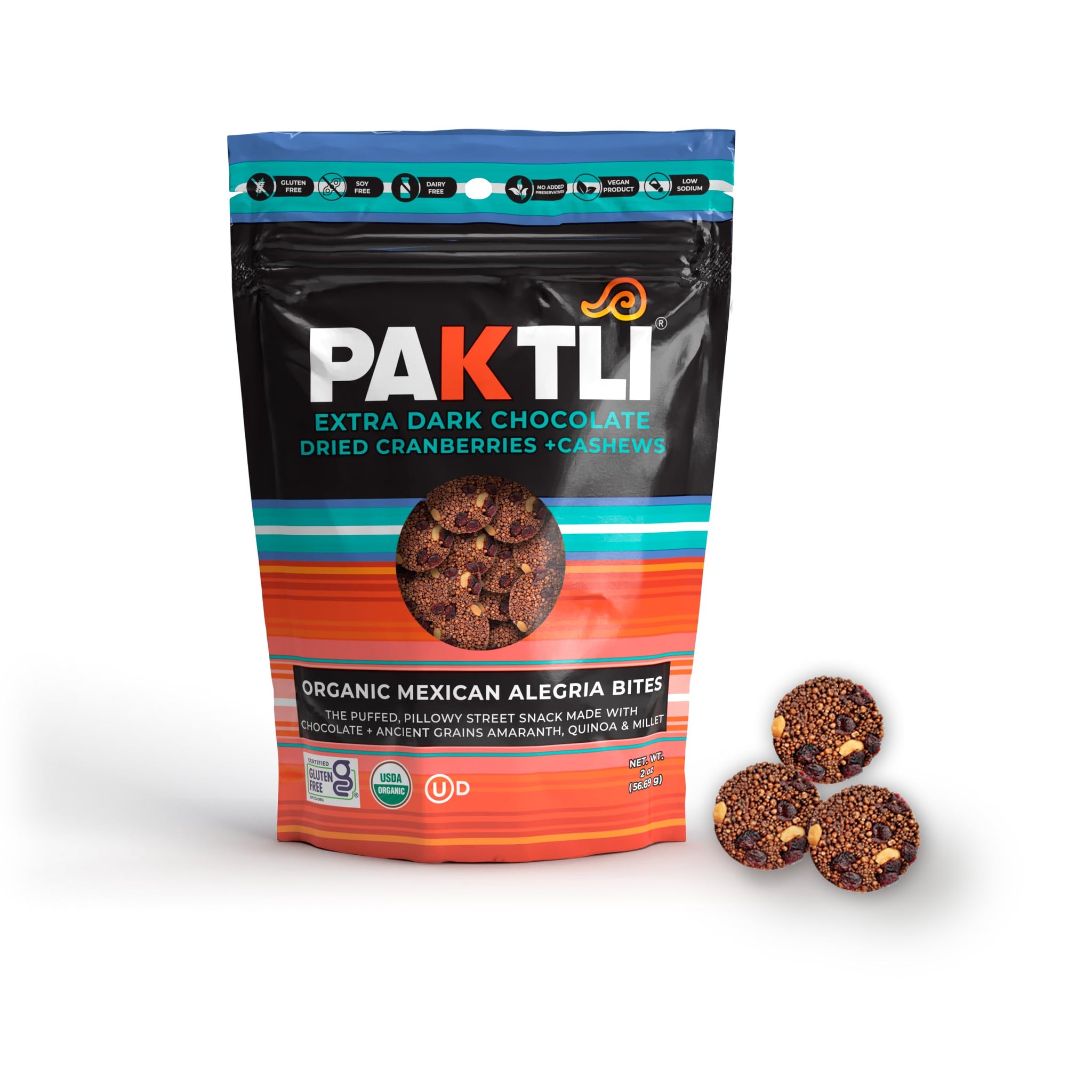 Paktli Organic Alegría Bites 8-Pack - Extra Dark Chocolate with Cranberries & Cashews, Eight 2oz Bags, Organic Ancient Grain Snack, Amaranth, Quinoa