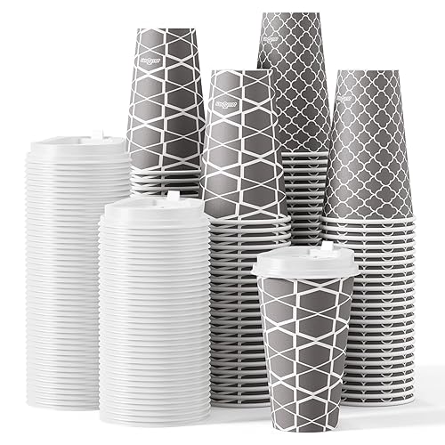 JOLLY PARTY Disposable Coffee Cups with Lids -16 oz (100 Sets) To Go Cups, Paper Coffee Cups for Beverages Espresso Tea, Suitable for Cafes, Offices