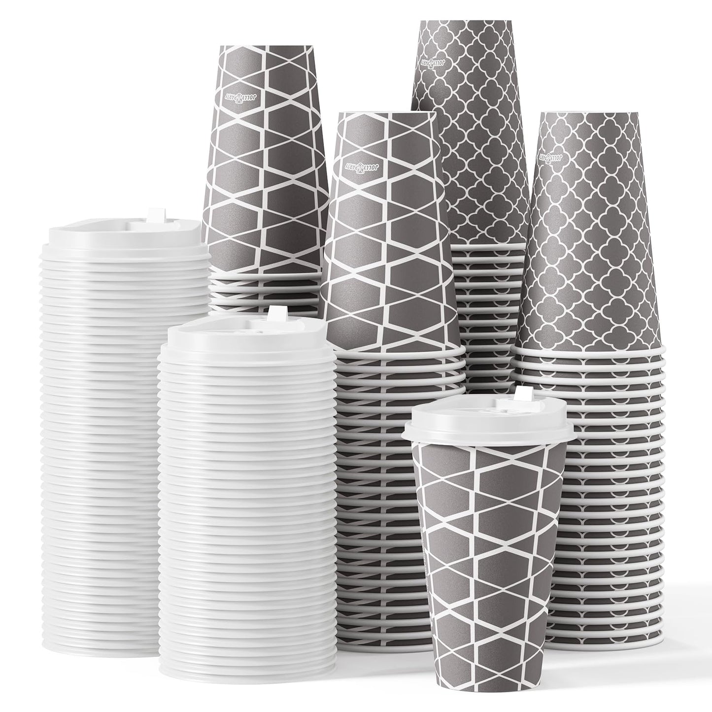 JOLLY PARTY Disposable Coffee Cups with Lids -16 oz (100 Sets) To Go Cups, Paper Coffee Cups for Beverages Espresso Tea, Suitable for Cafes, Offices
