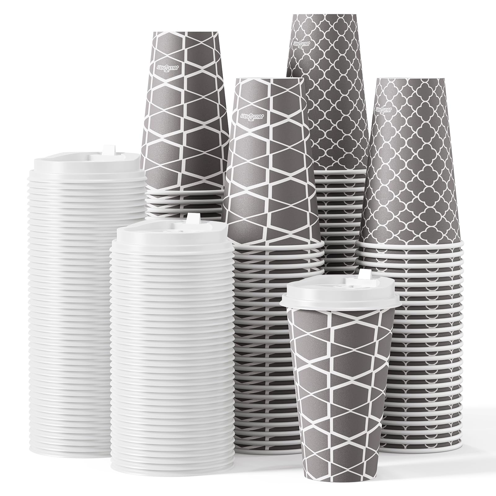 JOLLY PARTY Disposable Coffee Cups with Lids -16 oz (100 Sets) To Go Cups, Paper Coffee Cups for Beverages Espresso Tea, Suitable for Cafes, Offices
