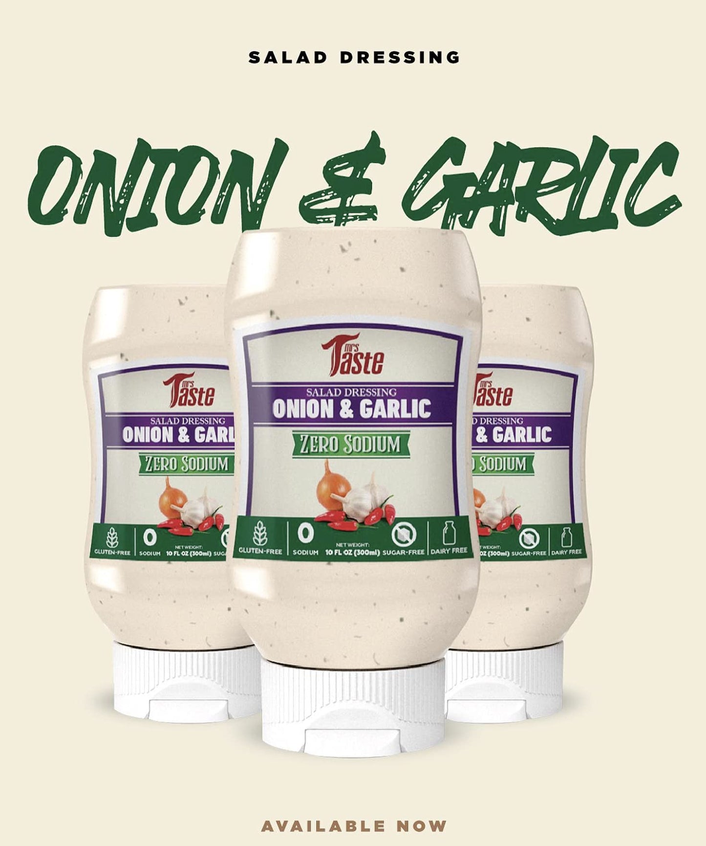 Mrs Taste Sugar Free Onion & Garlic Salad Dressing, Zero Calories, Zero Sodium, Zero Sugar, High Fiber, Keto Friendly, Paleo Friendly, Condiments