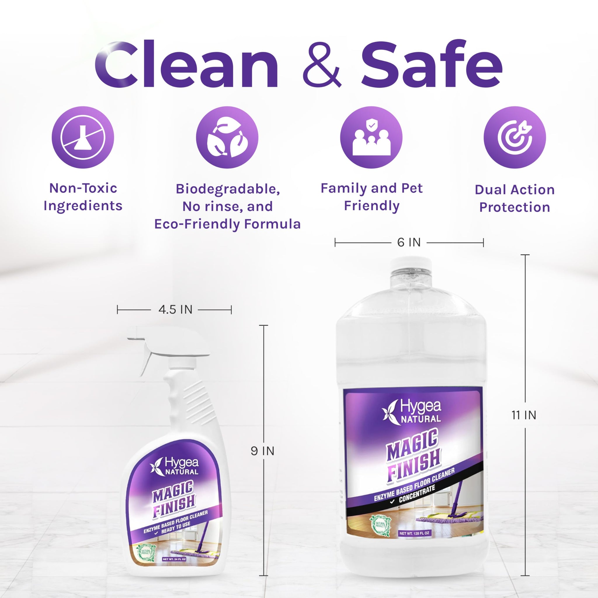 Hygea Natural Magic Finish Enzyme-Based Floor Cleaner - Clean Formula - Removes Grease Buildup in Tile & Grout - for All Hard Floors (Ready to Use