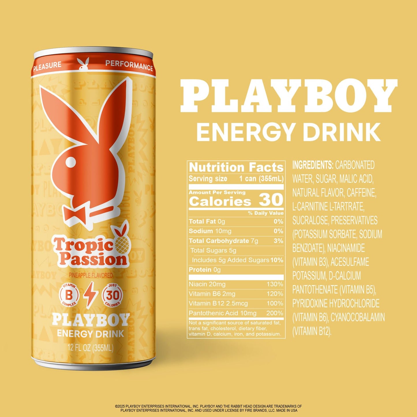 PLAYBOY Energy Drink - Tropic Passion (Pineapple) - 12 Pack of 12oz Cans | Performance + Pleasure Energy | NextGen Lifestyle Drink