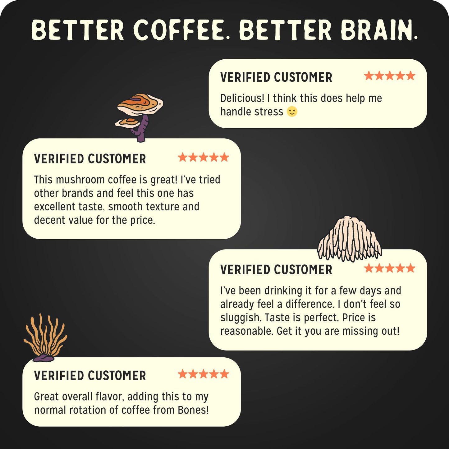 Bones Coffee Company Better Brain Mushroom Coffee - Medium Roast Low Acid Arabica Beans - Ground Coffee - Reishi, Chaga, Lion's Mane, Cordyceps