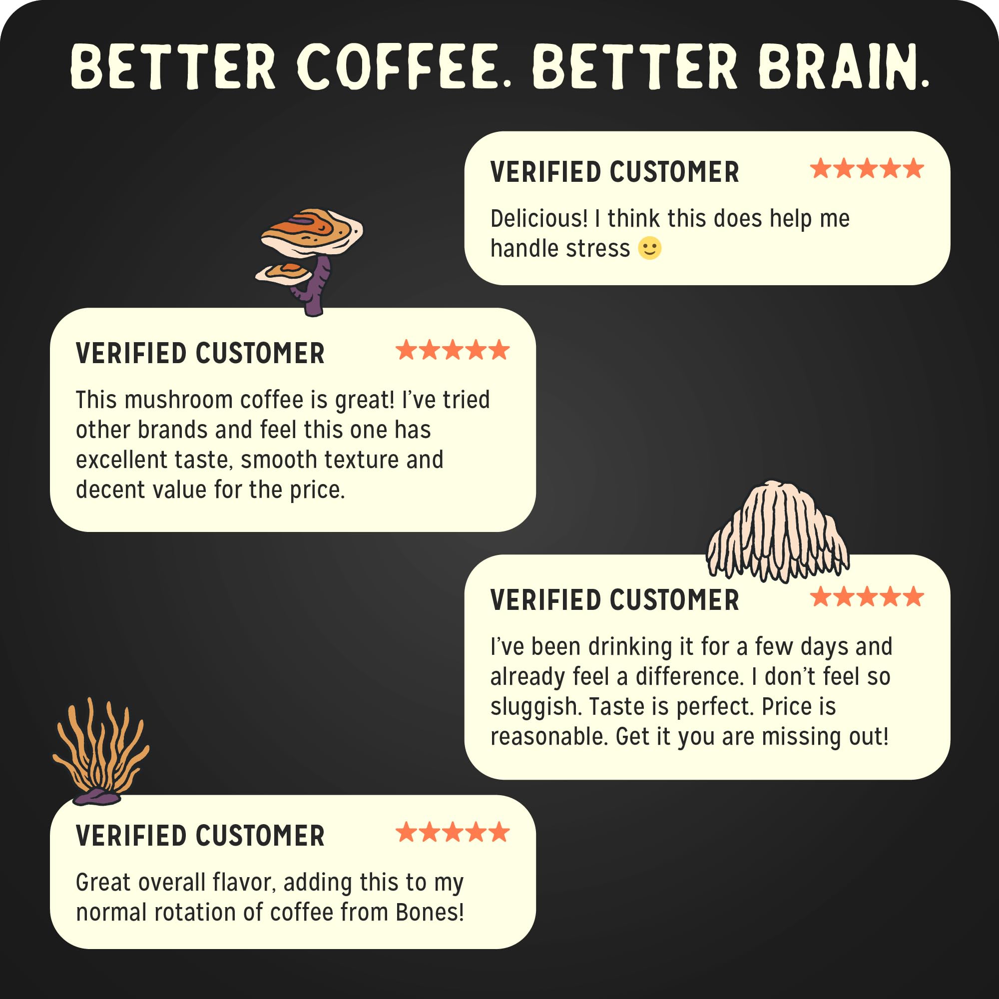 Bones Coffee Company Better Brain Mushroom Coffee - Medium Roast Low Acid Arabica Beans - Ground Coffee - Reishi, Chaga, Lion's Mane, Cordyceps