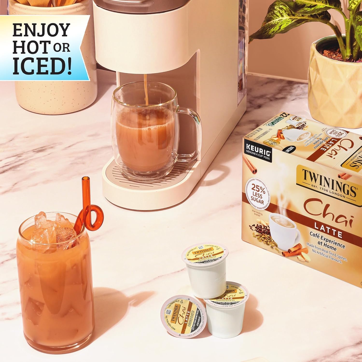 Twinings Chai Latte Black Tea Single Serve K-Cup Pods for Keurig, 22 Count (Pack of 2) Creamy, Slightly Sweet, Less Sugar, Caffeinated, Enjoy Hot or