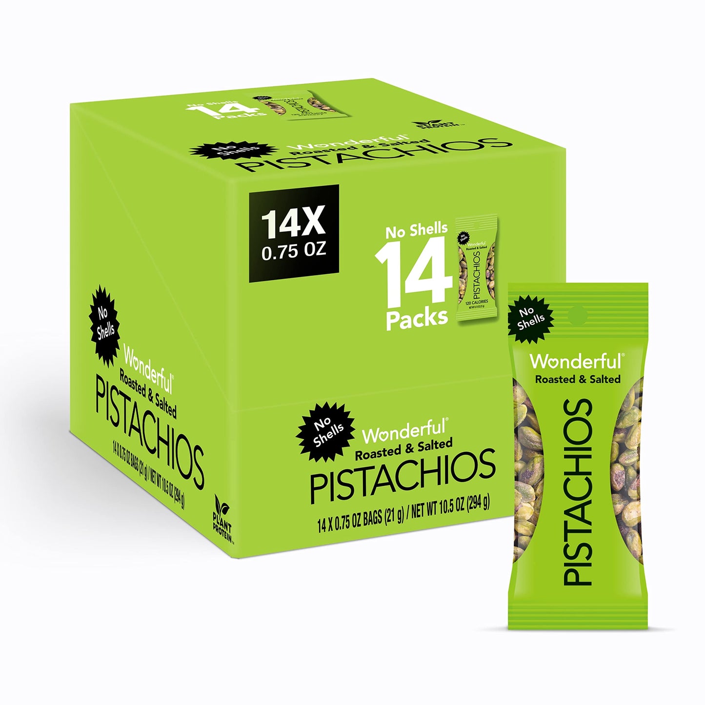 Wonderful Pistachios No Shells, Roasted & Salted Nuts, 0.75 Ounce Bag (Pack of 14), Protein Snacks, Vegan Snacks, On-the-Go, Individual Snacks