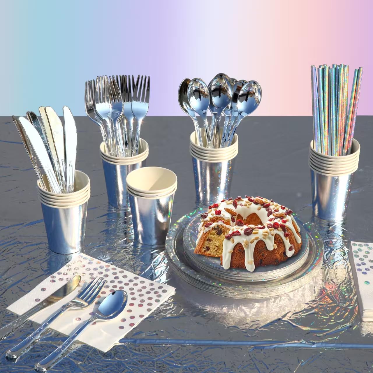 201-piece disposable party tableware set with paper plates, cups, napkins, straws, tablecloths, plastic knives, forks and spoons for a variety