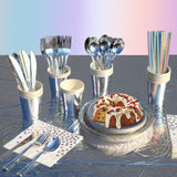 201-piece disposable party tableware set with paper plates, cups, napkins, straws, tablecloths, plastic knives, forks and spoons for a variety