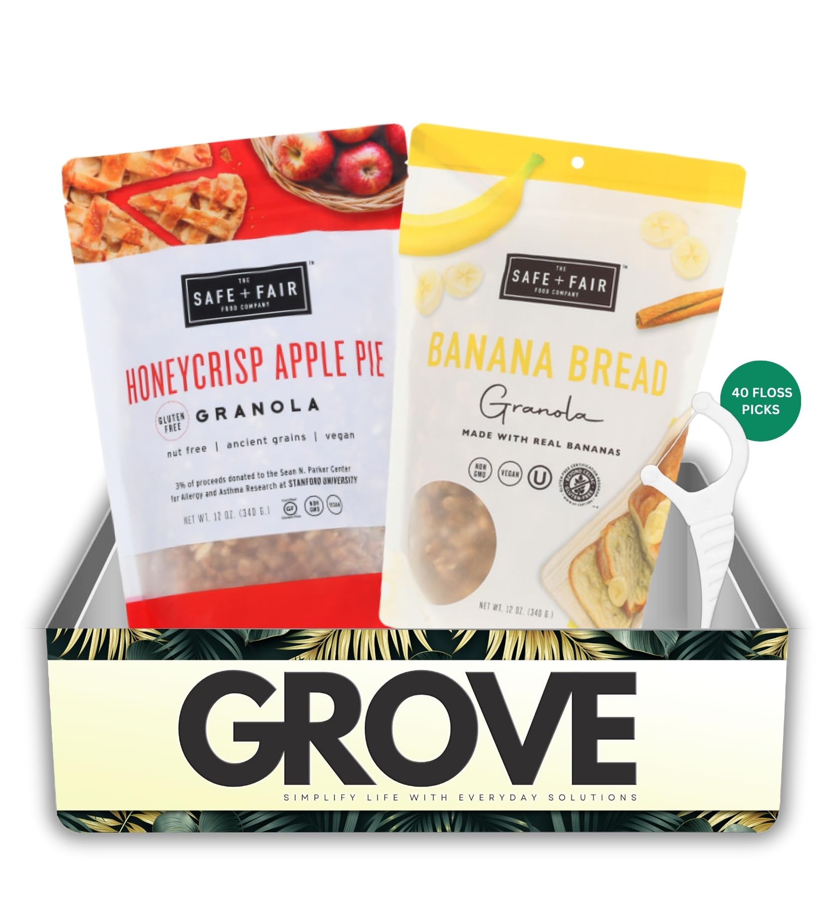 The Safe And Fair Food Company Granola Honeycrisp Apple 12 oz, Granola Banana Bread 12 oz Bundle with Dental Floss - Allergen-Free, Plant-Based