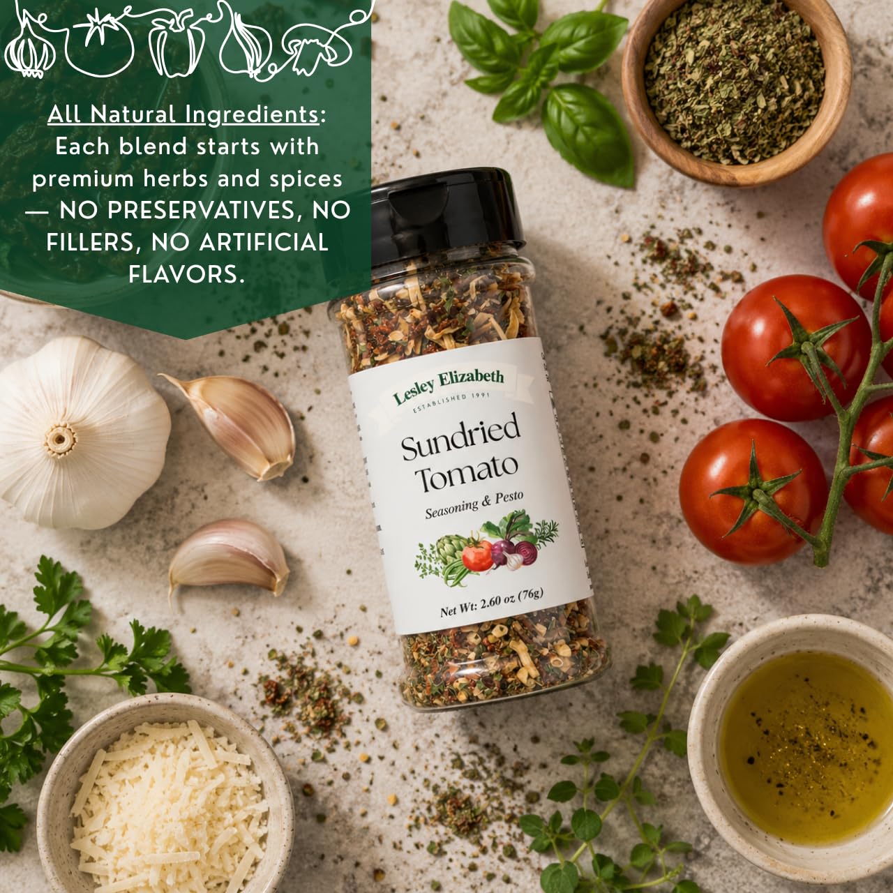 Lesley Elizabeth Sundried Tomato Seasoning & Pesto - Gourmet Italian Herb & Tomato Blend for Pasta, Chicken, Vegetables & Sandwiches | All-Purpose