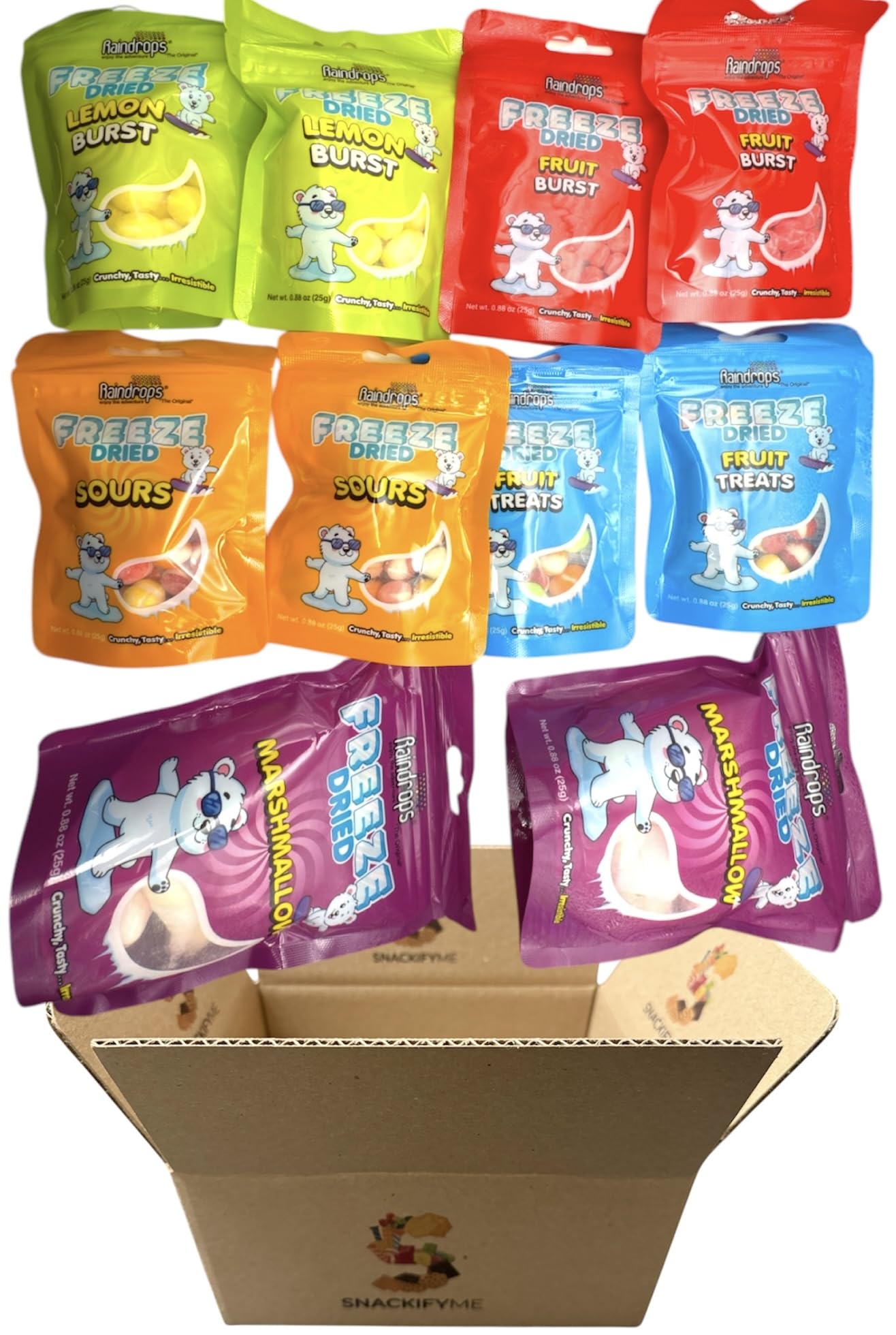 SNACKIFYME Gift Box - 8.8 Ounce Variety Pack of Raindrops Freeze Dried Candy - 10 Pouches of Chewy, Sour, Fruit-Flavored, and Marshmallow Treats