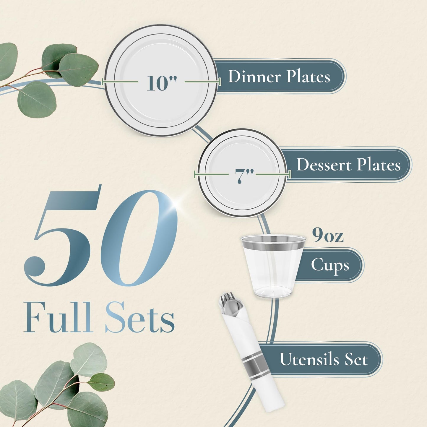 Reli. Plastic Plates for Party | 350 Pcs | White w/Silver Rim | Plates and Napkins Party Supplies | Disposable Dinnerware Set for 50 Guests |Dinner