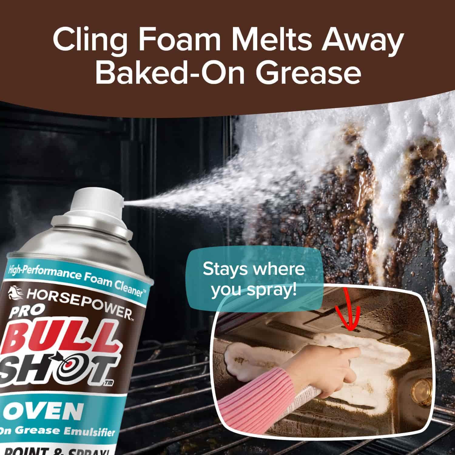 Bull Shot Oven Pro, AS SEEN ON TV, Cling Foam Melts Away Baked-On Grease, Char & Food In Minutes, Professional Strength, Shake, Point & Spray, Made in