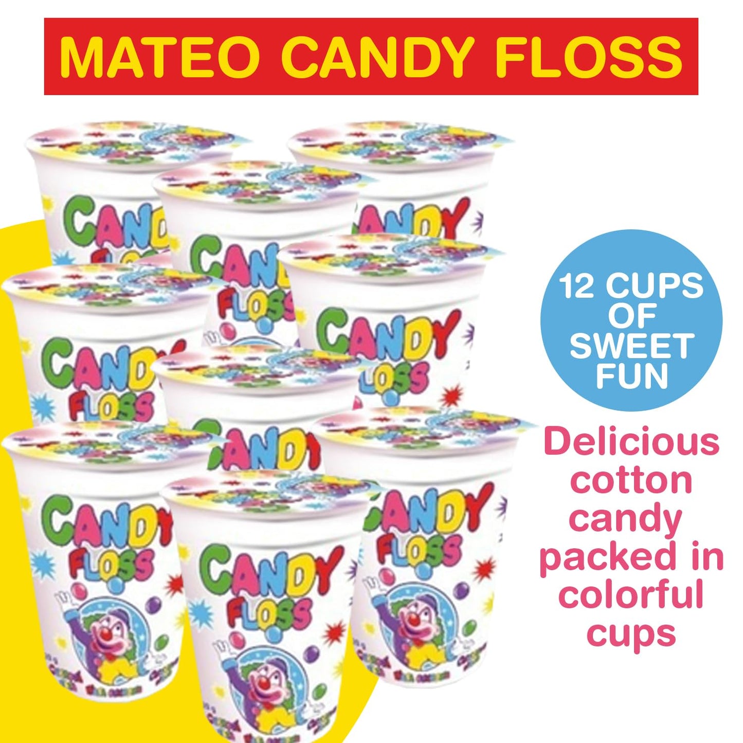 MATEO Candy Floss in a Cup- Fruity Cotton Candy in Sealed Cups for Easy Snacking- Colorful Candies Is Ideal for Parties, Gifting, Or Everyday Treats