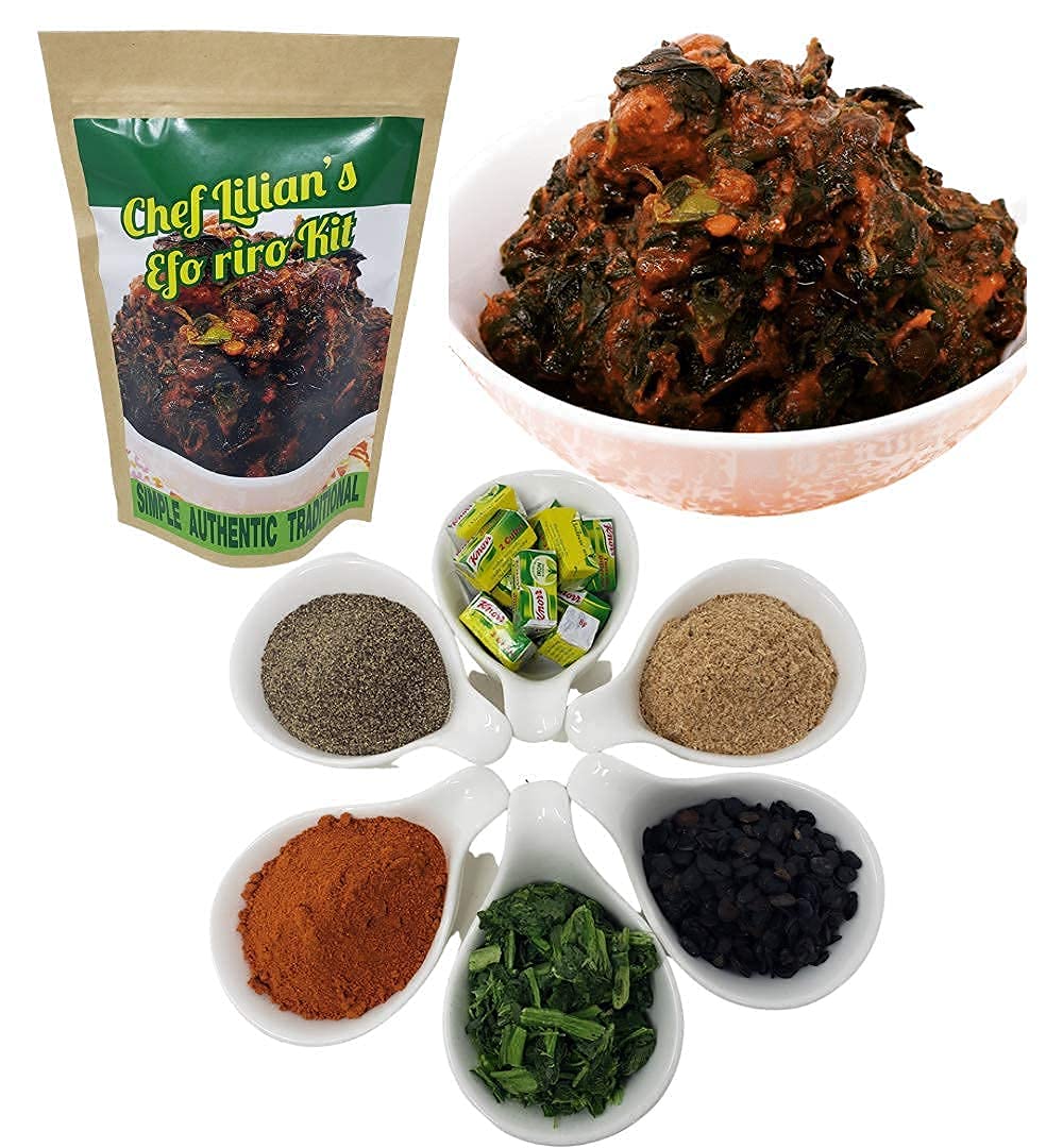 Chef Lilian's Efo Riro Kit- Nigerian West African Soup Kit with Pepper mix, Iru (locust bean), Crayfish, Seasoning Cubes, Hot Chili powder