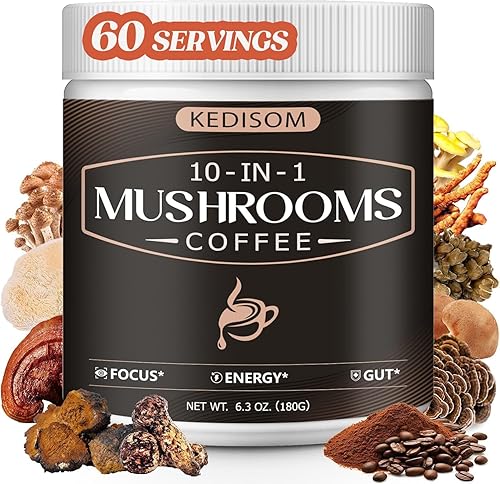KEDISOM 10 in 1 Mushrooms Coffee, Instant Mushroom Coffee Powder with Lion's Mane, Cordyceps, Reishi, Shiitake, Turkey Tail, King Trumpet, for Focus