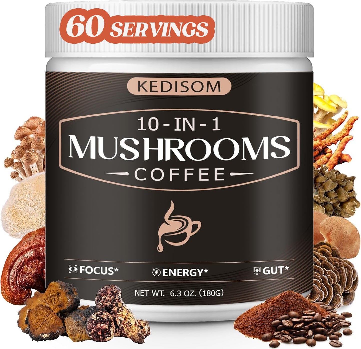 KEDISOM 10 in 1 Mushrooms Coffee, Instant Mushroom Coffee Powder with Lion's Mane, Cordyceps, Reishi, Shiitake, Turkey Tail, King Trumpet, for Focus