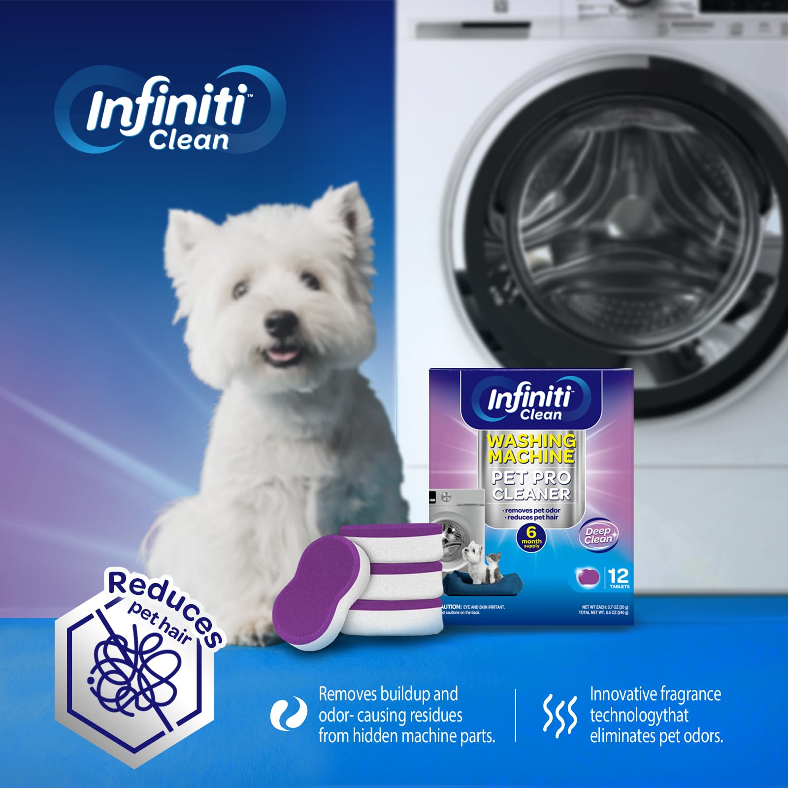 Washing Machine Cleaner Tablets 12 Pack, Formulated for Pet Owners, 8.5oz Washer Machine Cleaner Tablets, Deep Cleaning Descaler for HE, Top & Front