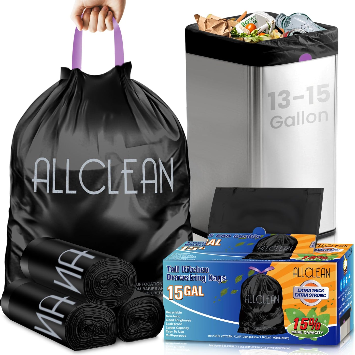 Trash Bags 15 Gallon Tall Kitchen Drawstring Garbage Bags,Fit 13-15 Gal Bins,Extra Strong&Leak-Proof,Unscented&Recyclable Trash Can Liners for Home