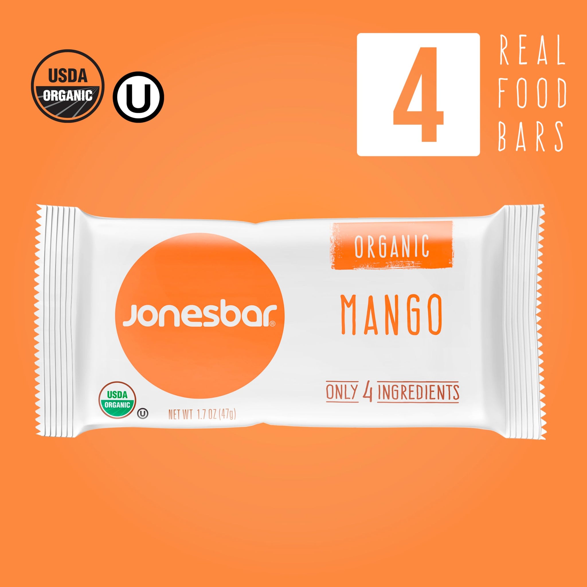 JONESBAR (Mango Almond, 4 Count (Pack of 1)), USDA Organic Fruit & Nut Bar, Non-GMO, Kosher, Vegan, Gluten Free, Simple Snack Bar