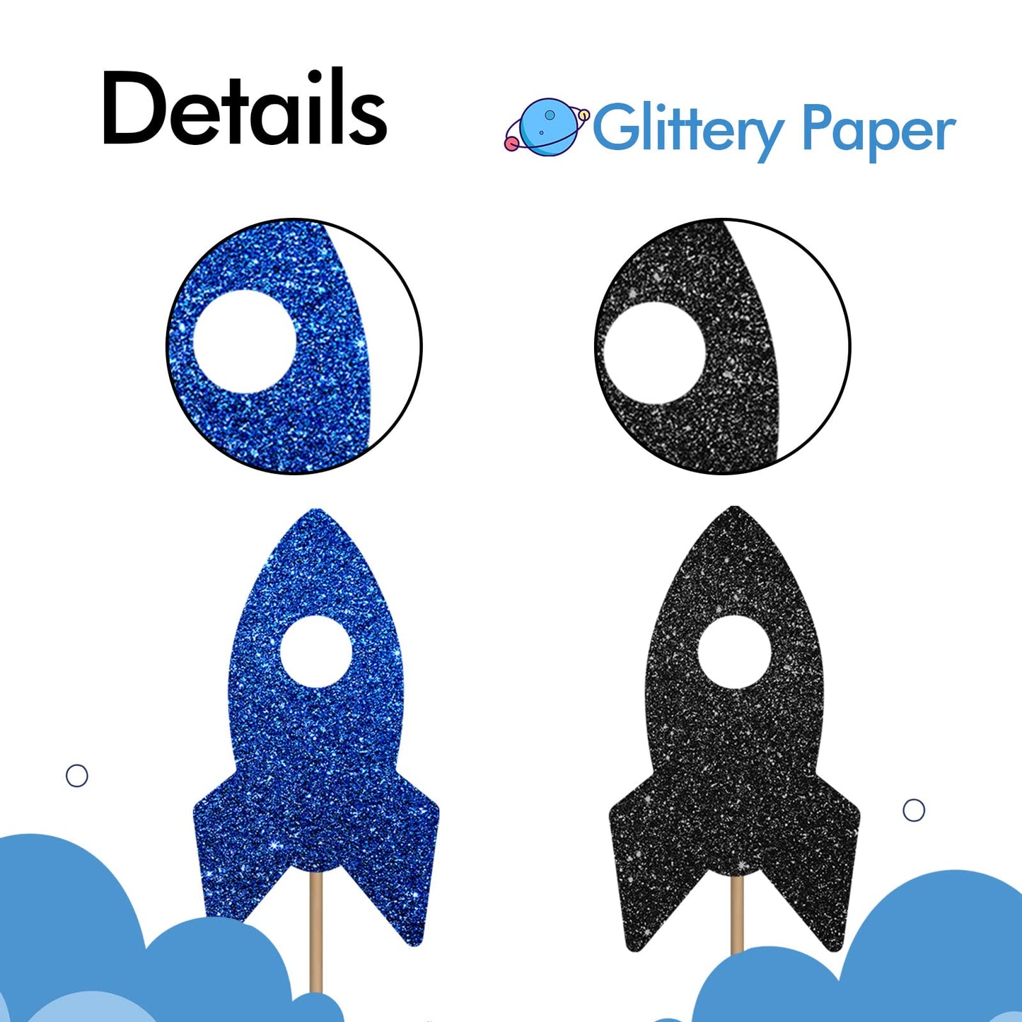 24PCS Rocket Ship Cupcake Toppers, Baby Shower Party Decor for Boys, Astronaut Dessert Picks, Outer Space Themed Birthday Party Decoration - Blue