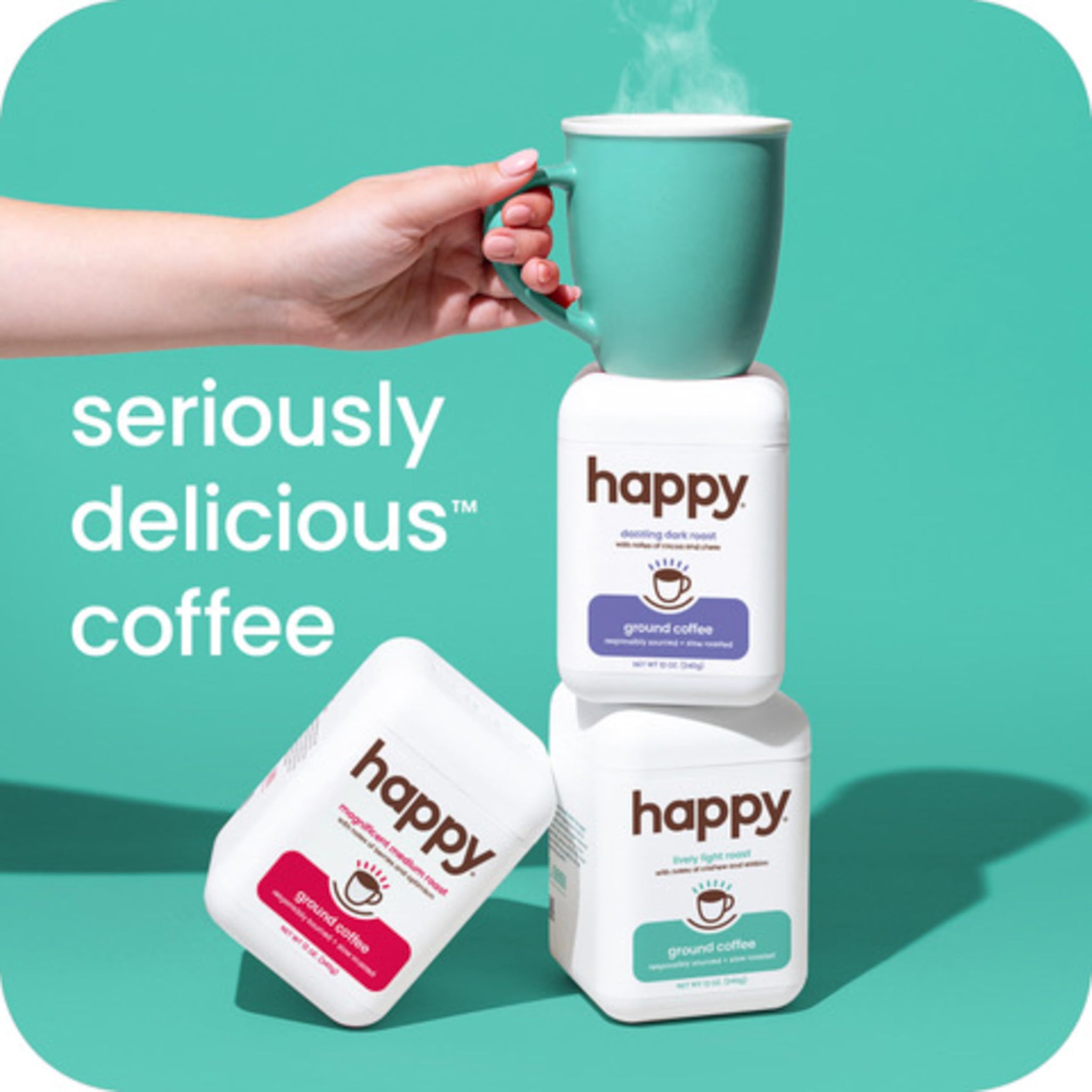 happy coffee light roast ground coffee, 12 oz., notes of cashew & elation, recyclable container, grown & harvested in Colombia, Brazil & Guatemala