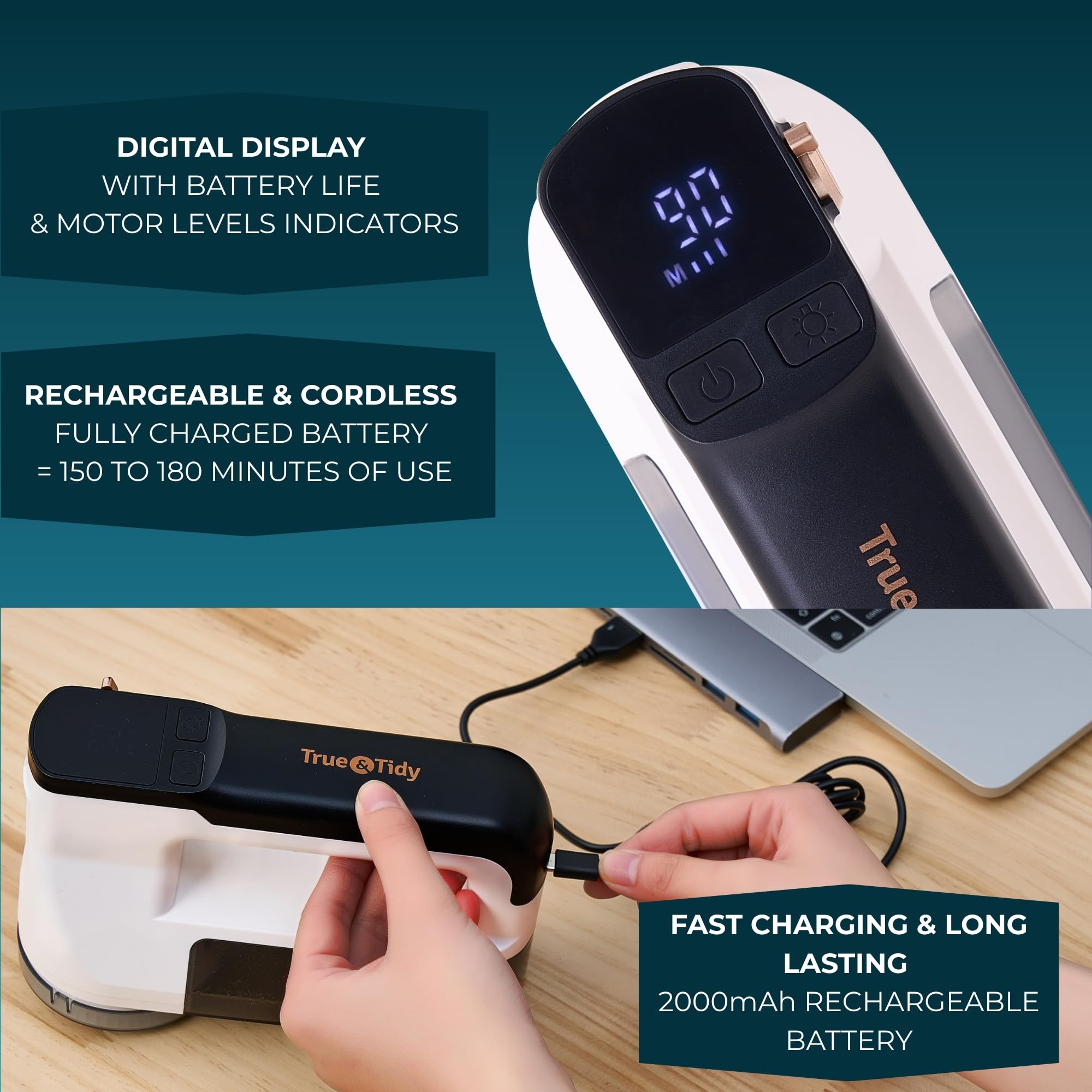 True & Tidy LED Turbo Fabric Shaver | Cordless Lint Remover with Digital Display & 3 Speeds - Perfect for Clothes, Couch & Furniture Defuzzing, White