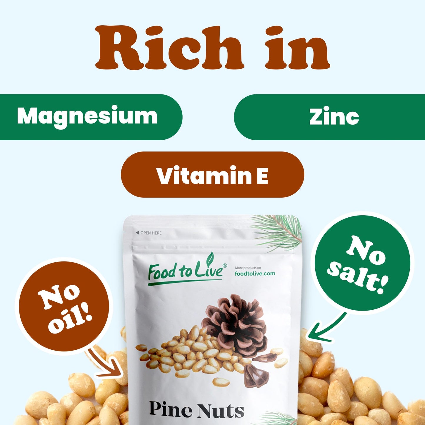 Food to Live Dry Roasted Pine Nuts, 8 Ounces- Naturally Tasty and Crunchy, Nutritious and Delicious, Perfect for Cooking, Baking and Snacking, Vegan