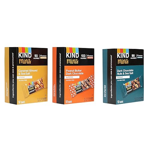 Kind Minis, Variety Pack. Contains 1 Peanut Butter Dark Chocolate, 1 Caramel Almond & Sea Salt, and 1 Dark Chocolate Nuts & Sea Salt, Low Sugar