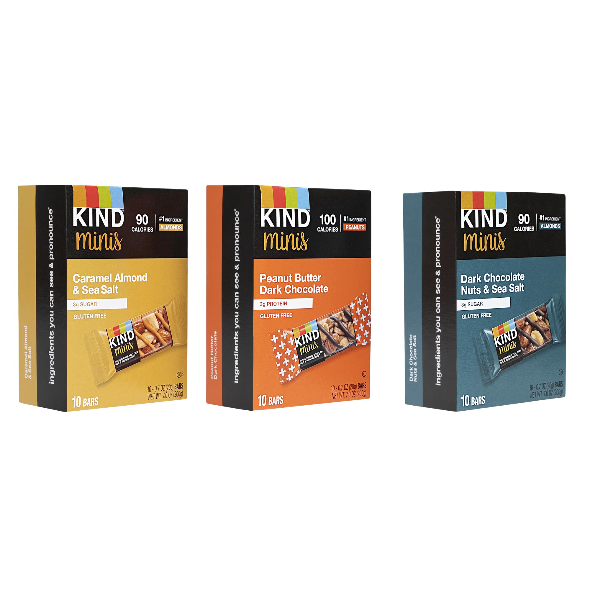 Kind Minis, Variety Pack. Contains 1 Peanut Butter Dark Chocolate, 1 Caramel Almond & Sea Salt, and 1 Dark Chocolate Nuts & Sea Salt, Low Sugar