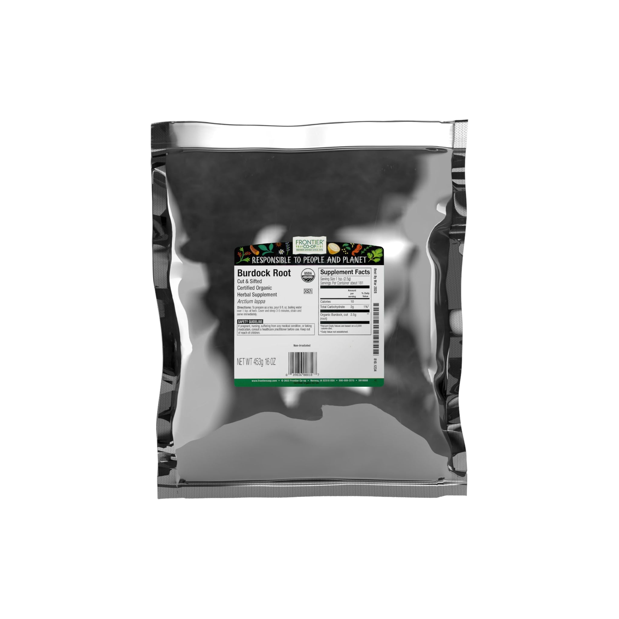Frontier Organic Burdock Root, 1-Pound Bulk Bag, Common in Root Beer Recipes, Cut & Sifted, Sustainable Grown, Kosher (Packaging May vary)
