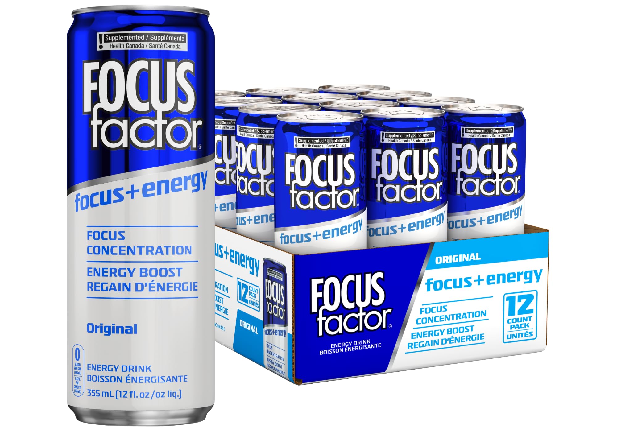 Focus Factor Energy Drink - 12 x 355ml Cans (Original Flavour) - with Focus + Energy - Lightly Carbonated, Sugar Free, Low Calorie with Vitamins B6