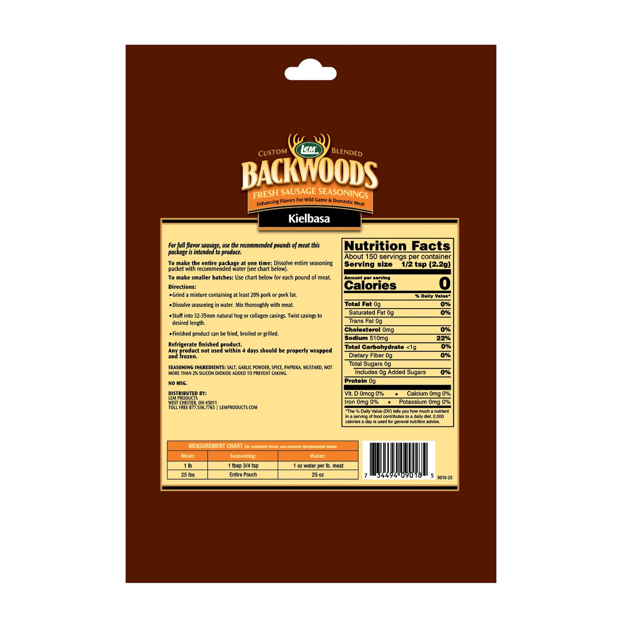 LEM Products Backwoods Kielbasa Fresh Sausage Seasoning, Ideal for Wild Game and Domestic Meat, Seasons Up to 25 Pounds of Meat, 11.8 Ounce Packet