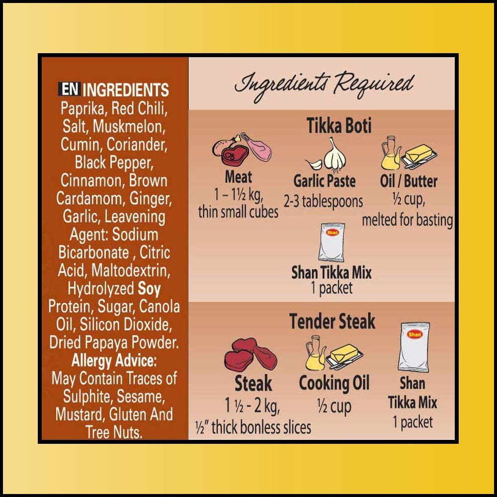 Shan Tikka Recipe and Seasoning Mix 1.76 oz (50g) - Spice Powder for Traditional Style BBQ Steak Mix - Suitable for Vegetarians - Airtight Bag in