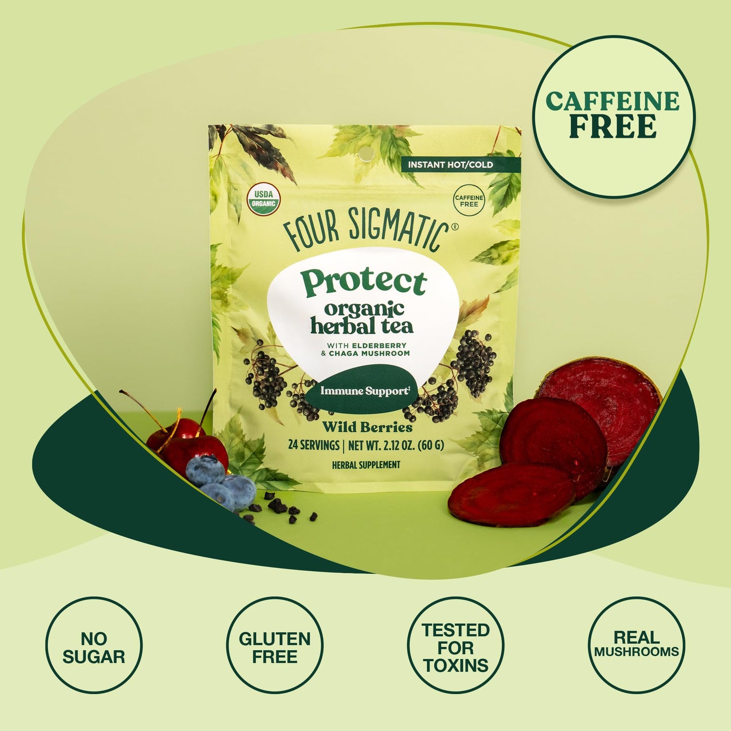 Four Sigmatic Protect Organic Herbal Tea | Immunity Tea w/Chaga & Adaptogens | Organic Chaga Tea w/Antioxidant-Rich Cherry, Elderberry & Blueberry |