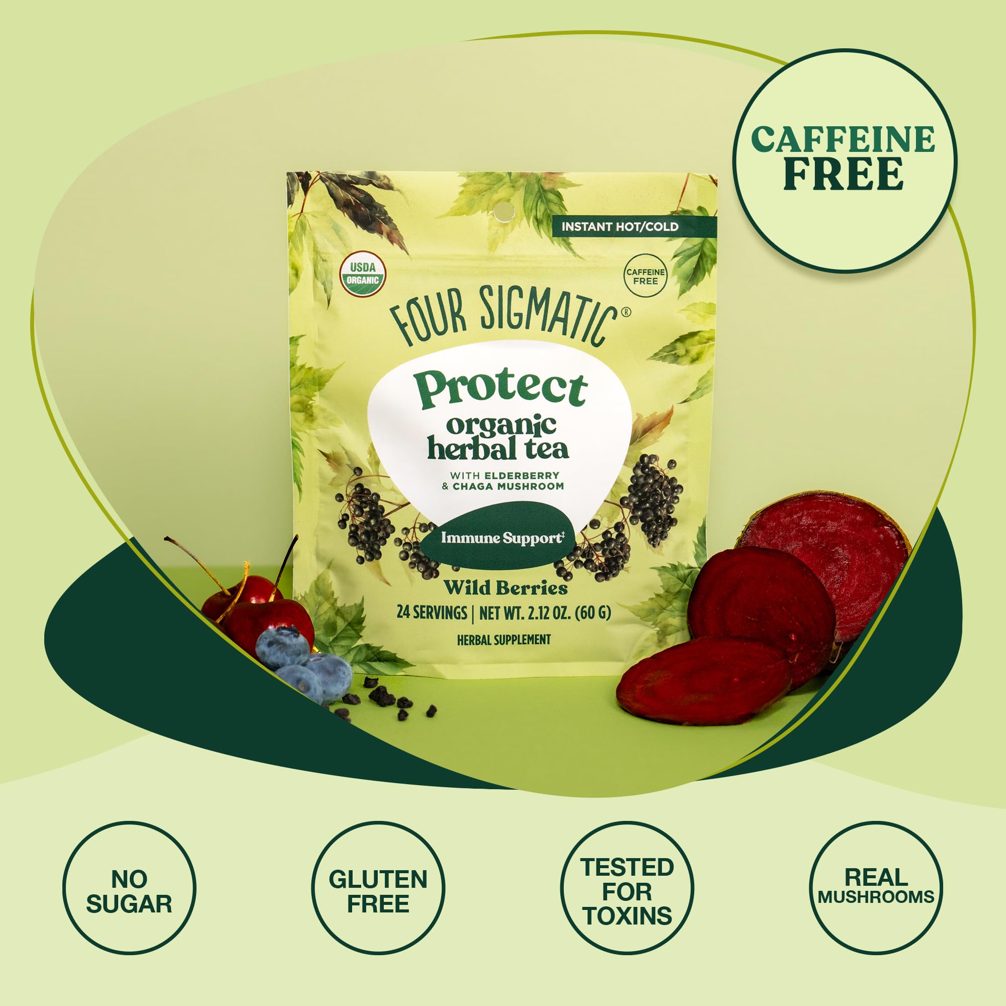 Four Sigmatic Protect Organic Herbal Tea | Immunity Tea w/Chaga & Adaptogens | Organic Chaga Tea w/Antioxidant-Rich Cherry, Elderberry & Blueberry |