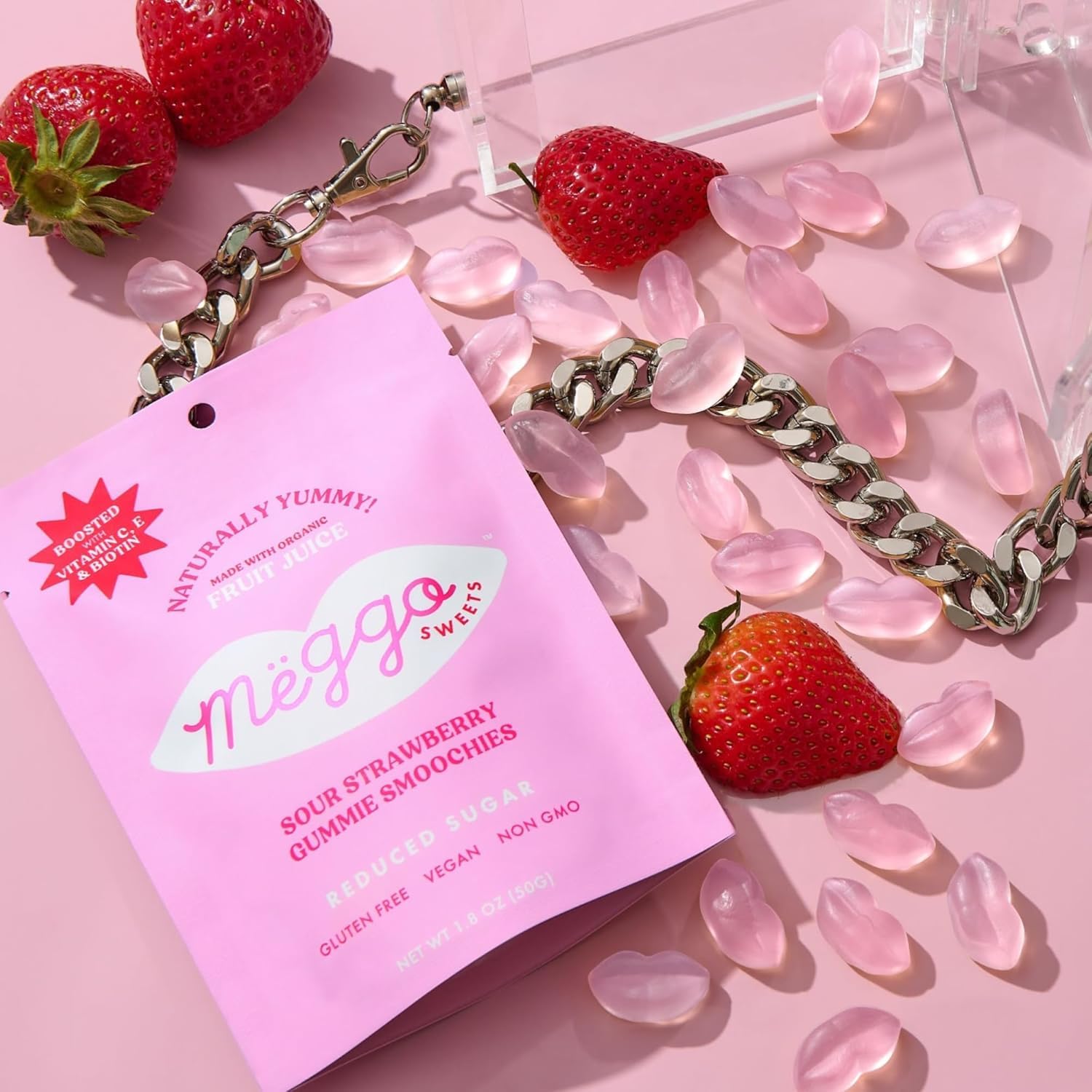 Meggo Sweets Gummie Smoochies Variety Pack - Organic Gummy Candy, Low Sugar, Gluten Free, Vegan, Non GMO, Peach, Honeydew & Sour Strawberry, Boosted