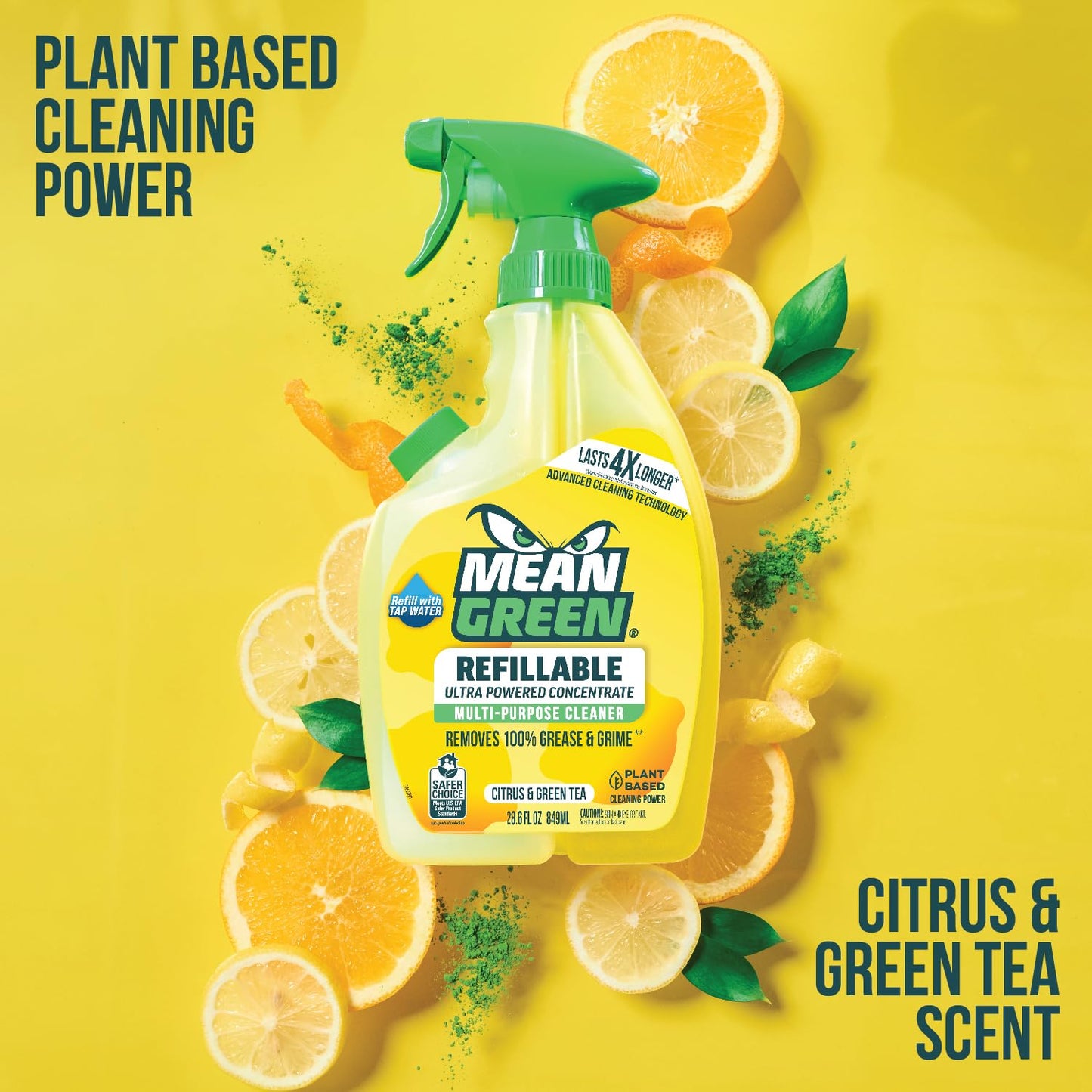 Mean Green Refillable Ultra Powered Multi-Purpose Cleaner Concentrate, Citrus & Green Tea, 14.3 fl oz - Plant & Mineral Based, Cuts Through Grease