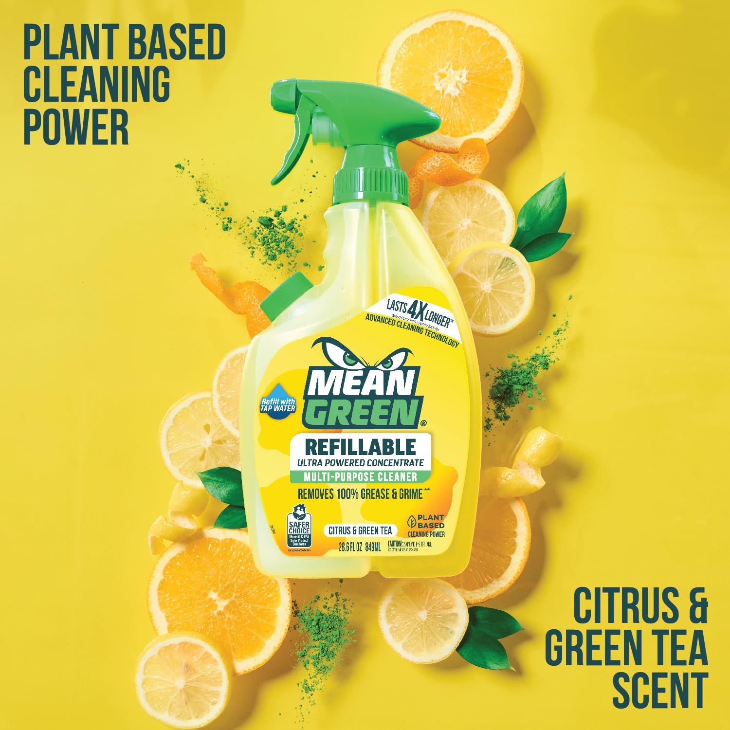 Mean Green Refillable Ultra Powered Multi-Purpose Cleaner Concentrate, Citrus & Green Tea, 14.3 fl oz - Plant & Mineral Based, Cuts Through Grease